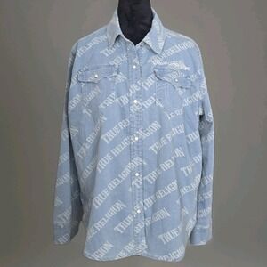 True Religion Georgia Denim Shirt‎ Men's Sz Large Western Cowboy Pearl Snap